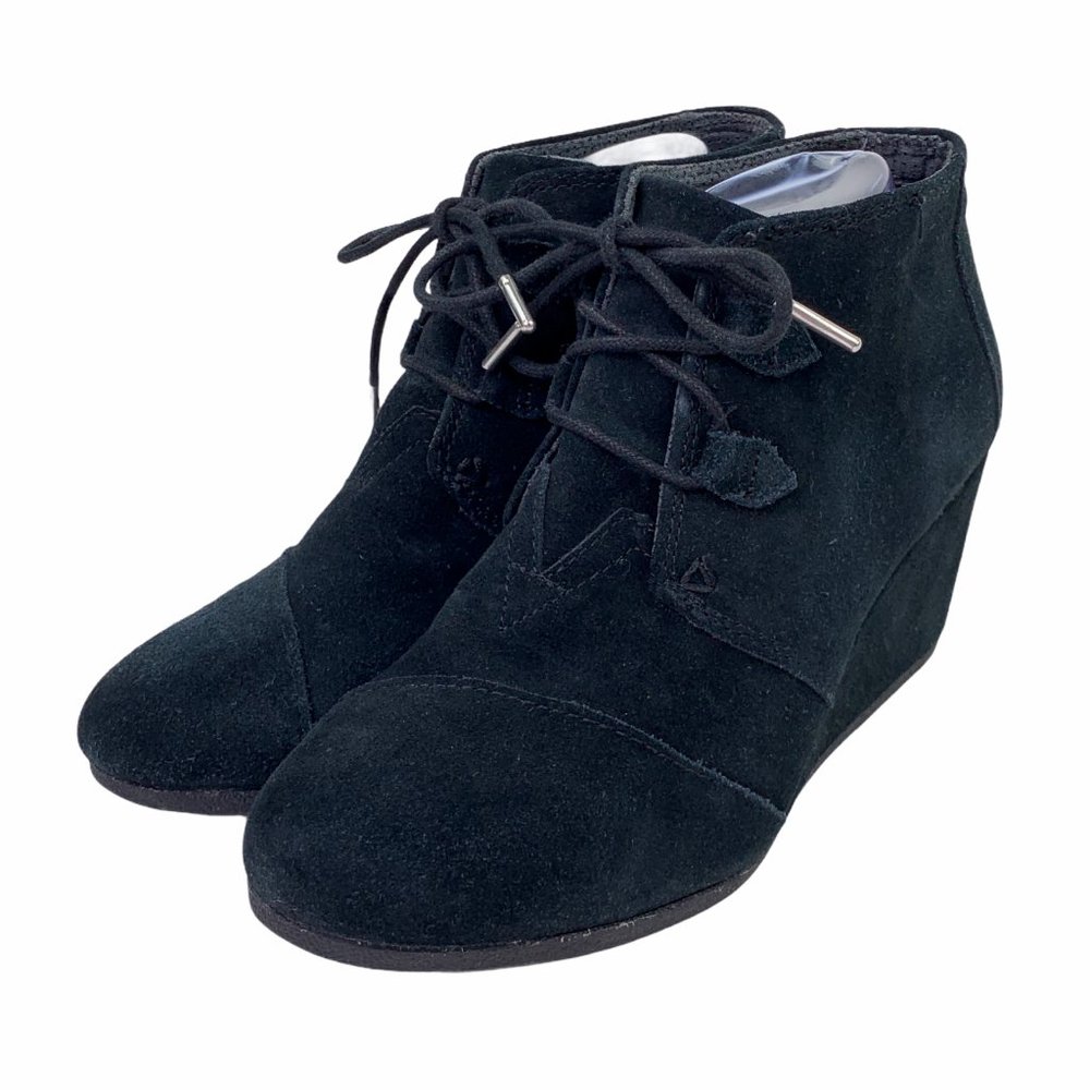 TOMS Kala Black Suede Wedge Heel Lace Up Bootie Si